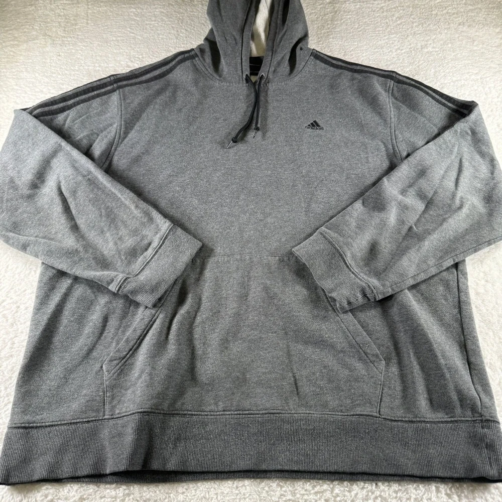 Y2K Adidas Striped Solid Hoodie Boxy Fit Gray Black Logo Men's XL Clean Pullover